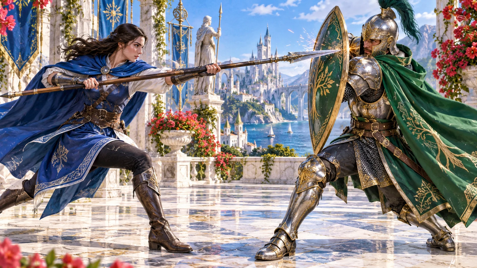 A capable fantasy spear fighter has an attempted strike deflected by a defender’s shield in a bright courtyard.