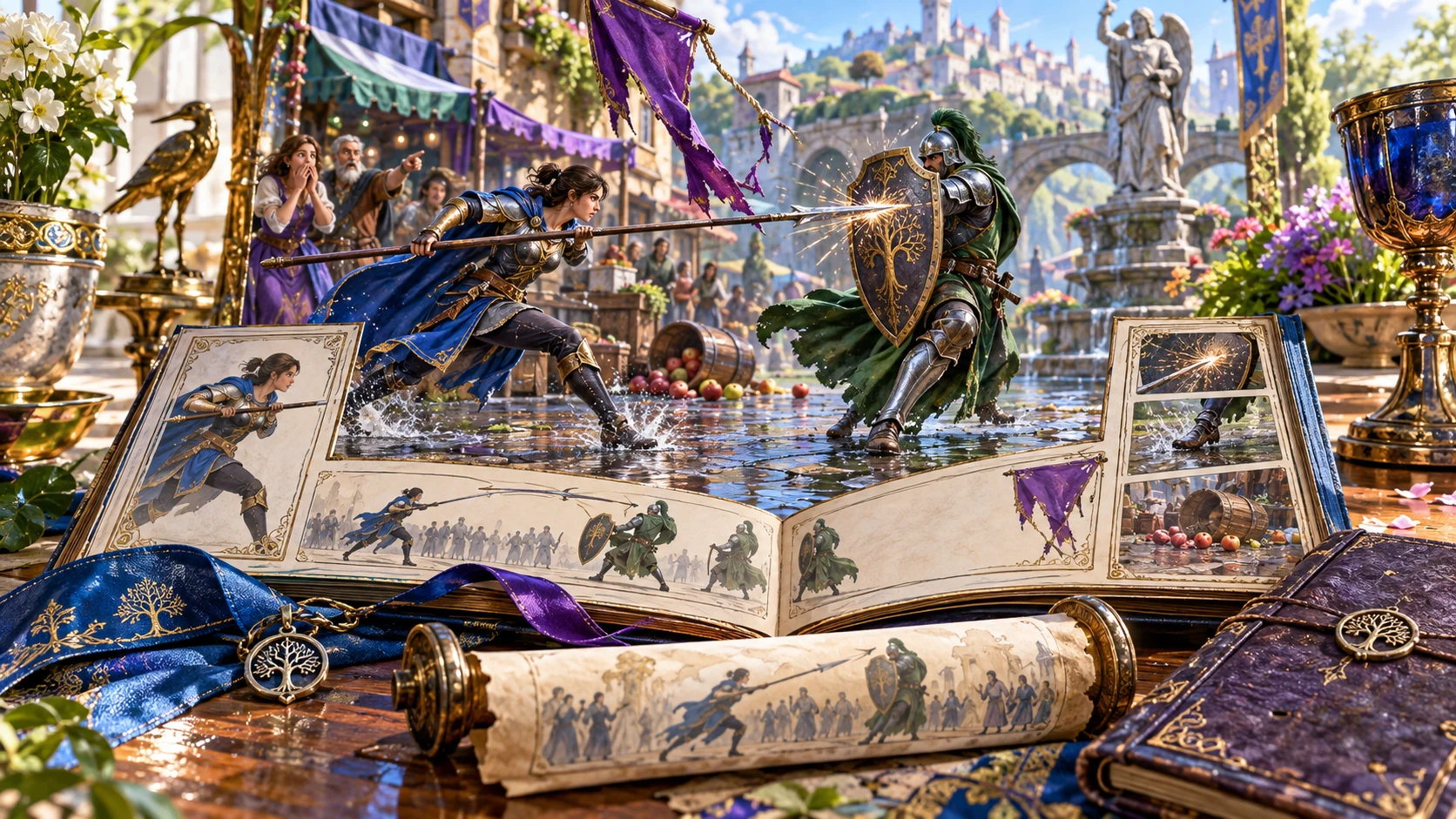 An illustrated fantasy missed strike and its visible aftermath appear beside an open narration book in a courtyard.