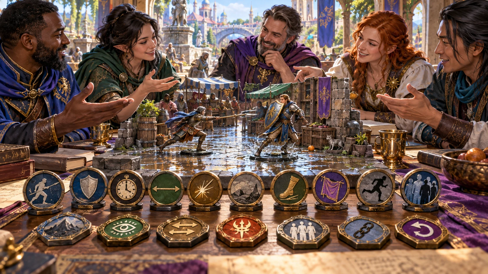 Fantasy companions discuss a miniature missed strike with tokens representing defensive causes, distance, movement and witnesses.